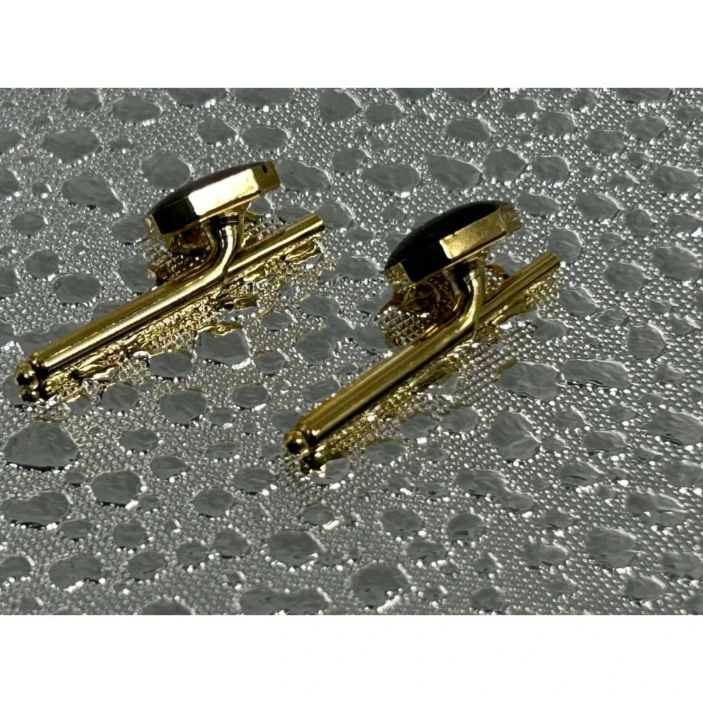Vintage Gold Tone Black Onyx Octagon Cufflinks Formal Wedding Business Mens